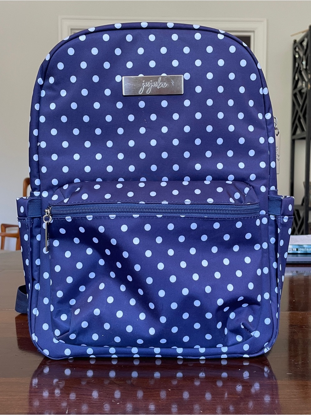 Ju-Ju-Be Duchess Navy Blue and White Polka Dot Midi Backpack Diaper Bag EUC